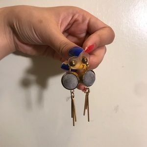 grey puffball drop gold earrings